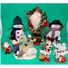 Christmas Decor Lot w/ Assorted Figurines, Plush Snowmen Decorations, & More