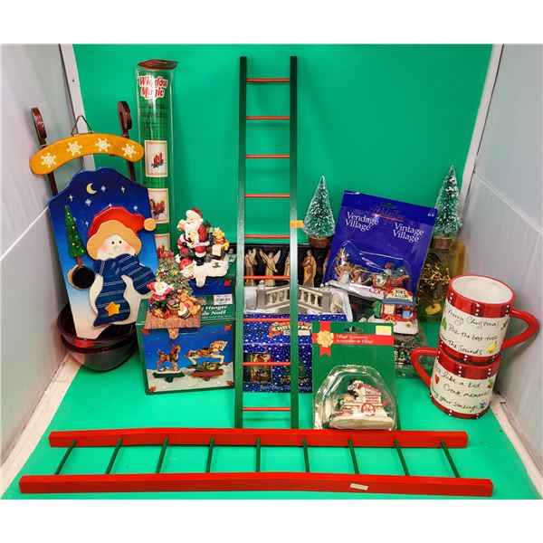 Christmas Decor Lot w/ Ladders, Wooden Sled Decoration, Stocking Hangers, & More