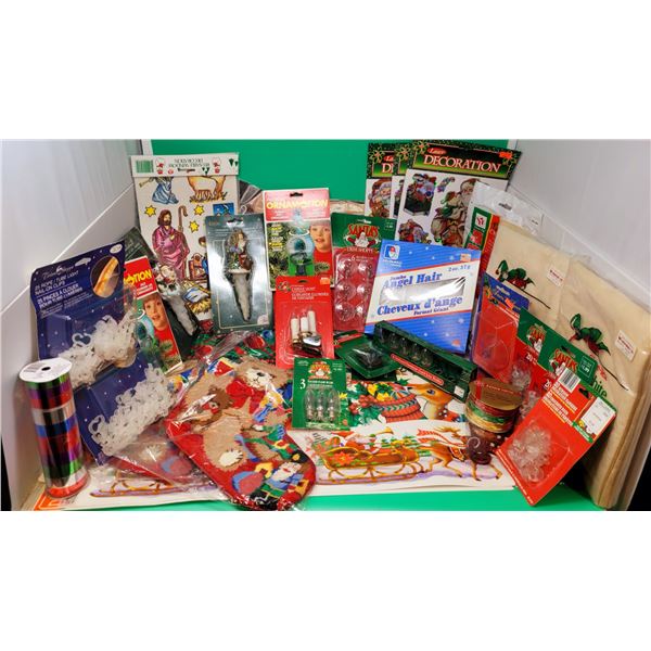 Christmas Decor Lot w/ Stockings, Angel Hair, Window Decals, & More