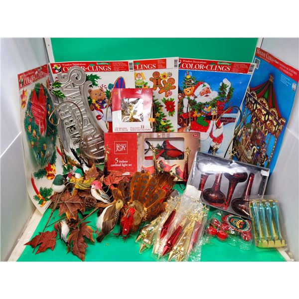 Christmas Decor Lot w/ VTG Window Clings, Ornaments, Cardinal Light Set, & More
