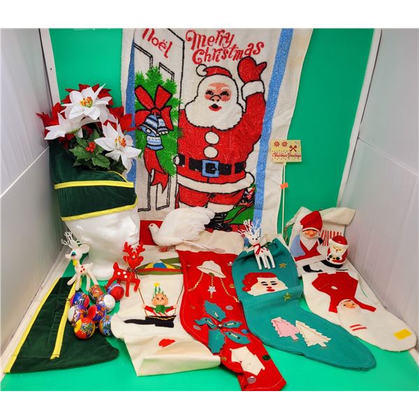VTG Christmas Decor Lot w/ Stockings, Towel, & More