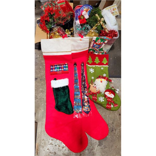 Christmas Stocking & Decor Lot w/ 2 Large Stockings, 2 Christmas Ties, Tablecloths, & More