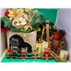 Christmas Decor Lot w/ Train Stocking Hangers, Wreath, Wreath Hanger, Faux Evergreen Garland, & More