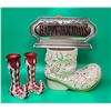 Mikasa Porcelain Cookie Jar, Harlequin Elf Boot Candleholders, & Happy Holidays Plaque