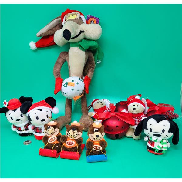 Lot of Assorted Christmas Plushies w/ Looney Tunes, Disney, A&W, & More