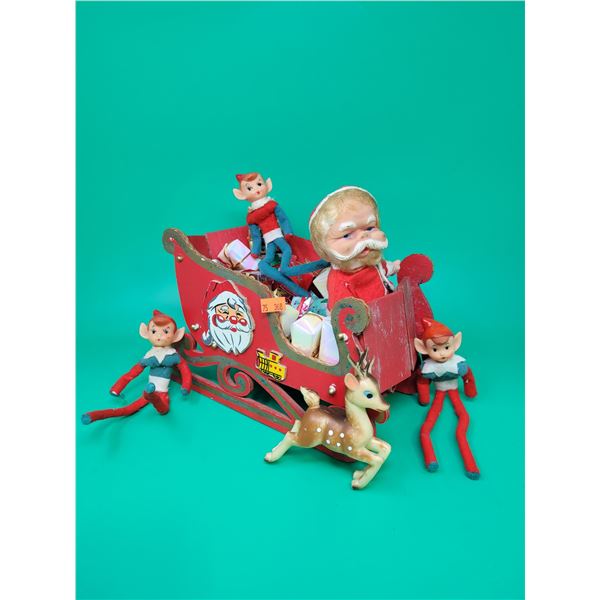 VTG Wooden Sleigh w/ Santa, Elves, & Reindeer