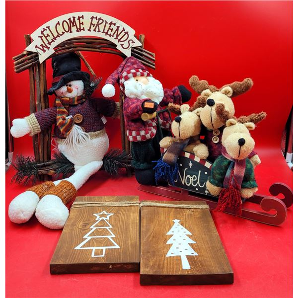 Wood & Plush Decor Lot w/ Reindeer in Sleigh, Snowman, Wooden Christmas Tree Signs, & More
