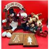 Image 1 : Wood & Plush Decor Lot w/ Reindeer in Sleigh, Snowman, Wooden Christmas Tree Signs, & More