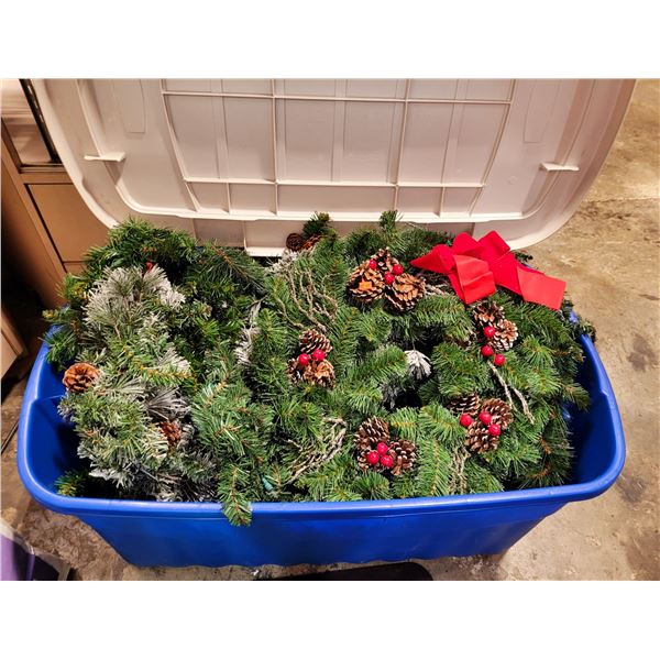 Bin of Faux Pine Garland & Wreath