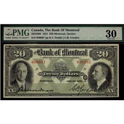 The Bank of Montreal 1931 $20 #000097, CH505-58-06,  PMG VF30, Rare with low serial number.
