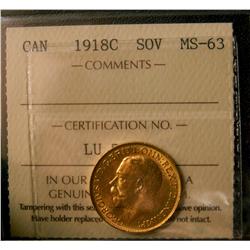 1918c Gold Sov ICCS MS63. Scarce date. Flashy'