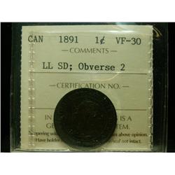 1891 1¢ SDLL Obv 2 ICCS VF30