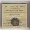 Image 1 : 1870 10¢ Narrow O ICCS VF30 Rim Nick