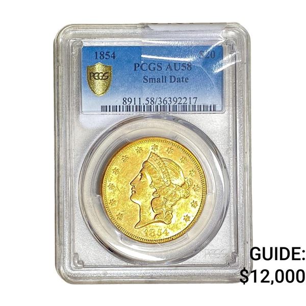 1854 $20 Gold Double Eagle NGC AU58 Small Date