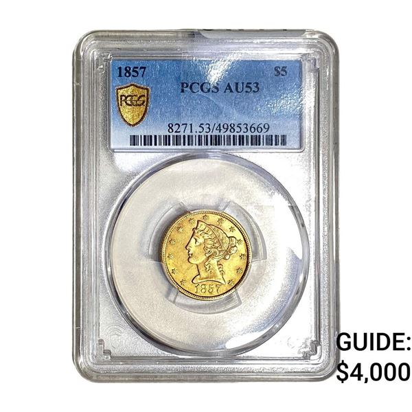 1857 $5 Gold Half Eagle PCGS AU53