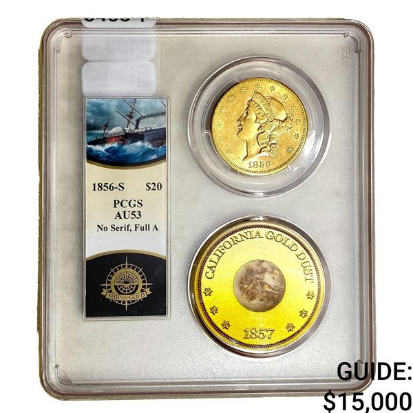 1856-S $20 Gold Double Eagle PCGS AU53 w/Gold Dust