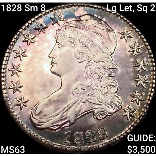 1828 Sm 8, Lg Let, Sq 2 Capped Bust Half Dollar CHOICE BU