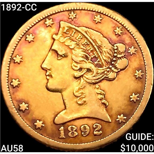 1892-CC $5 Gold Half Eagle CHOICE AU