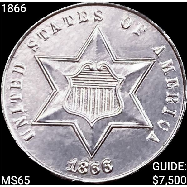 1866 Silver Three Cent GEM BU