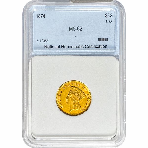 1874 $3 Gold Piece NNC MS62