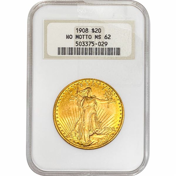 1908 $20 Gold Double Eagle NGC MS62 No Motto