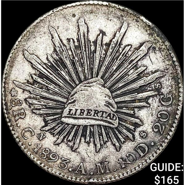 1893Cn AM Mexico Silver 8 Reales Cap and Rays NEARLY UNCIRCULATED