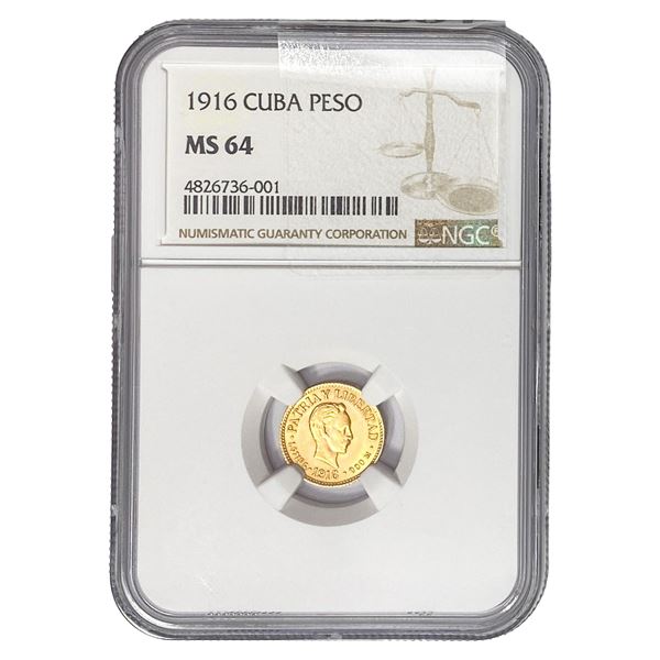 1916 Cuba .0484oz Gold Peso NGC MS64