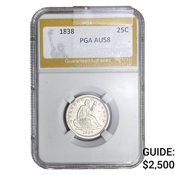 1838 Seated Liberty Quarter PGA AU58