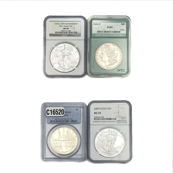 [4 Coins] 1880-2011 Various Silver Dollars NTC/NGC/PCGS AU/MS69-70