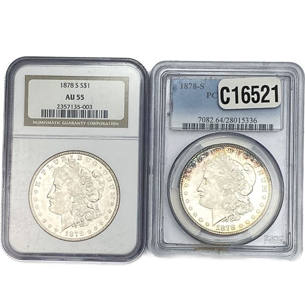 [2 Coins] 1878-S Morgan Silver Dollar PCGS/NGC AU/MS55-64