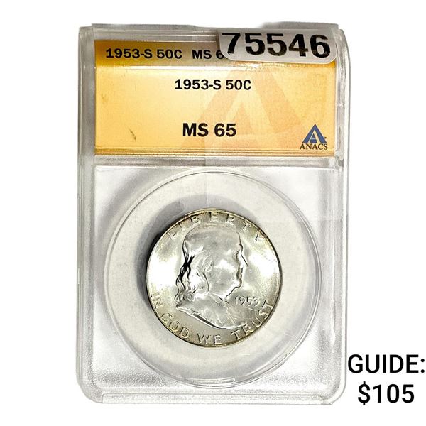 1953-S Franklin Half Dollar ANACS MS65
