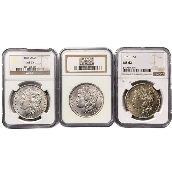 [3 Coins] 1884-1921 Morgan Silver Dollar NGC MS62-64