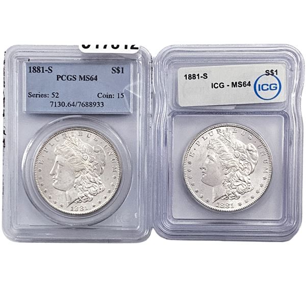 [2 Coins]1881-S Morgan Silver Dollar PCGS/ICG MS64