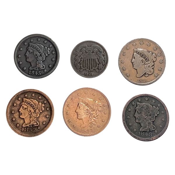 [6 Coins] 1831-1864 U.S. Large Cen t& 2 Cent lot