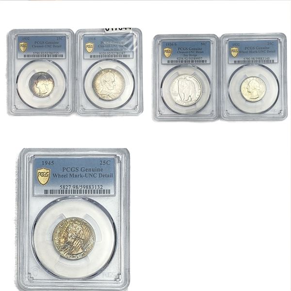 [5 Coins]1918-1945 Washigton Quarter&Com. Half Lot PCGS GenuineUNC