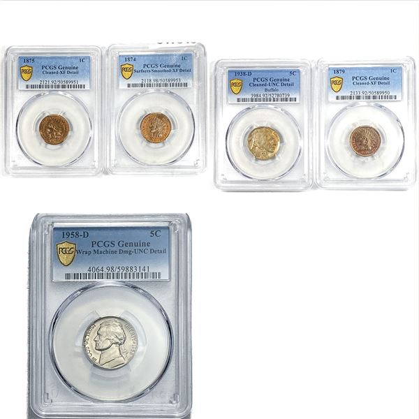 [5 Coins] 1874-1958 United States Penny and Nickel Lot PCGS Genuine