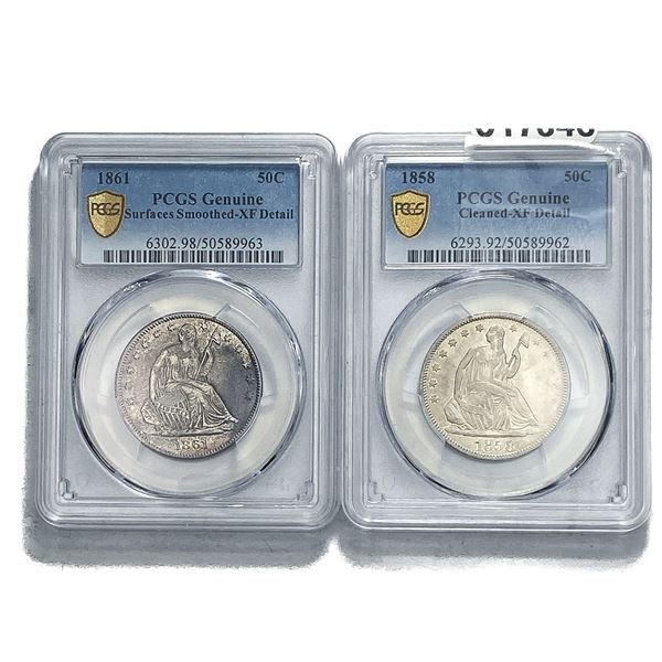 [2 Coins] 1858-1861 Seated Liberty Half Dollar PCGS Genuine Rim Repaired
