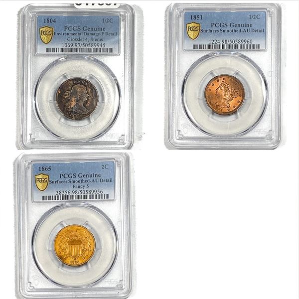 [3 Coins] 1804-1865 U.S. 1/2 Cent&2 Cent Lot PCGS Genuine