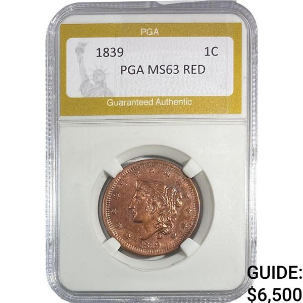 1839 Coronet Head Large Cent PGA MS63 RED