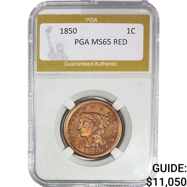 1850 Braided Hair Large Cent PGA MS65 RED