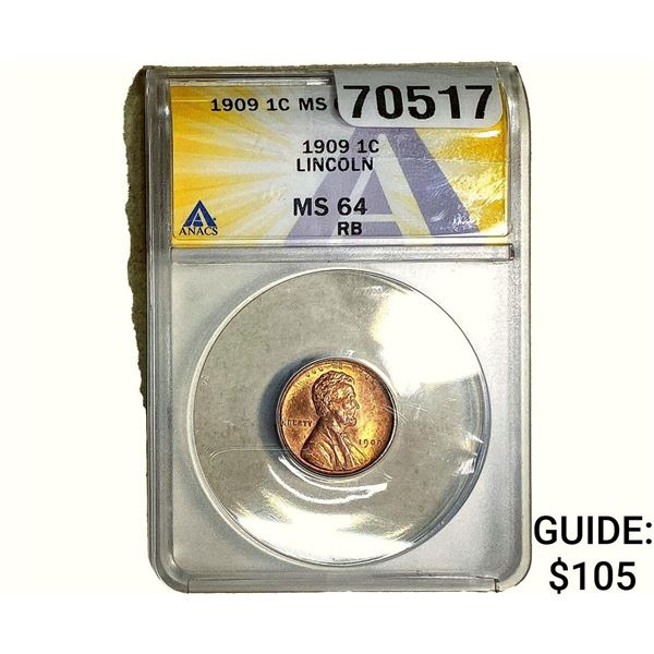 1909 Wheat Cent ANACS MS64 RB