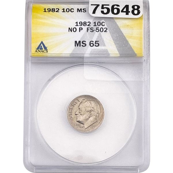 1982 Roosevelt Dime ANACS MS65 No P FS-502
