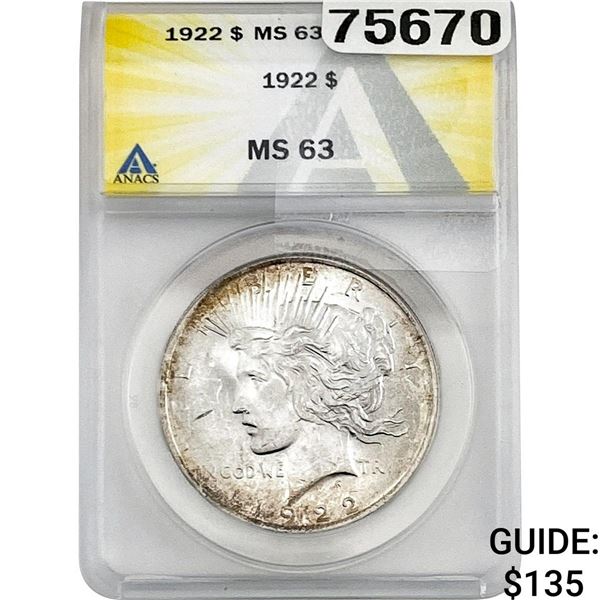 1922 Silver Peace Dollar ANACS MS63