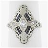 Image 9 : Antique Art Deco 18K Gold .12 ctw Diamond & Sapphire Filigree Navette Dinner Rin