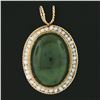 Image 2 : Vintage 14k Gold Oval Cabochon Jade & Seed Pearl Halo Twisted Wire Frame Pendant