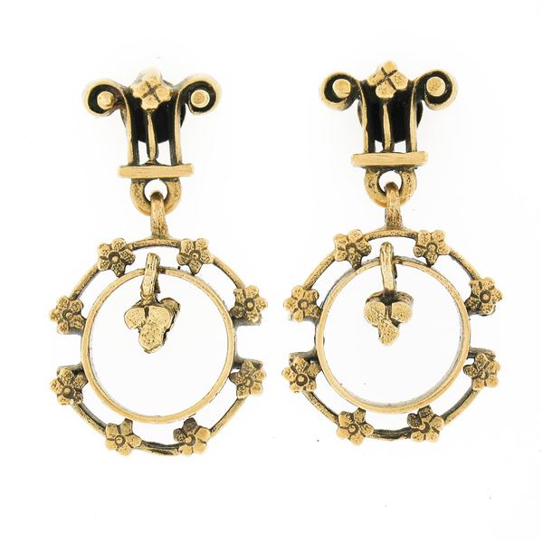 Vintage Victorian Revival 14k Yellow Gold Floral Open Work Drop Dangle Earrings