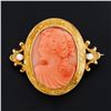 Image 2 : Antique Victorian 14k Gold Carved Coral Cameo w/ Hand Engraved Frame Brooch Pin