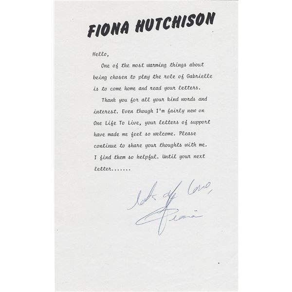 Guiding Light Fiona Hutchison signed letter