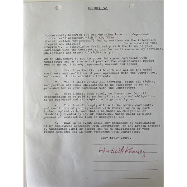 Herbert Butros Khaury "Tiny Tim" signed contract