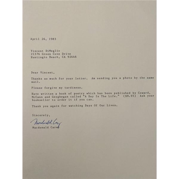 Streets of Laredo Macdonald Carey signed personal letter